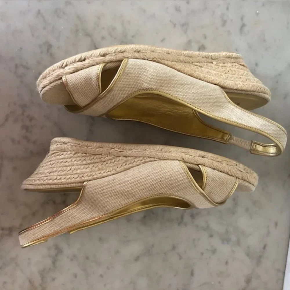TALBOTS Linen Gold Cross Toe Jute Slingback Wedge Sandals 9 1/2M